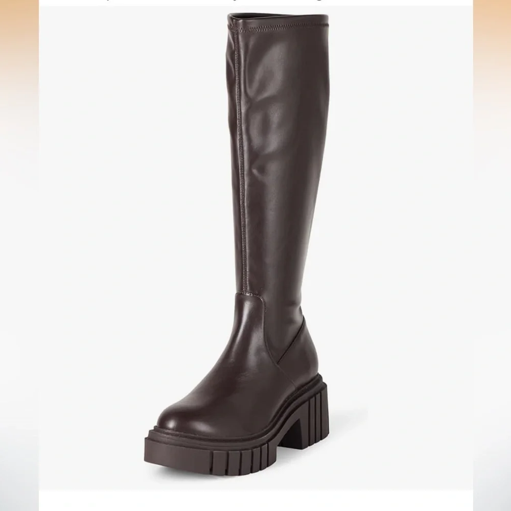 THE DROP KENNEDY Y2K Lug Sole Platform Boots Brown Knee High 14” Calf Y2K NWT